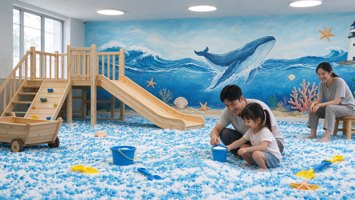 海洋主题沙池如何选沙？力象牌蓝白仿瓷沙，可水洗不掉色打造室内海滩